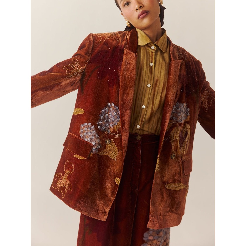 CORD Studio Rust Velvet Embroidered Beaded Floral Blazer Oversized Rust S/M Boho